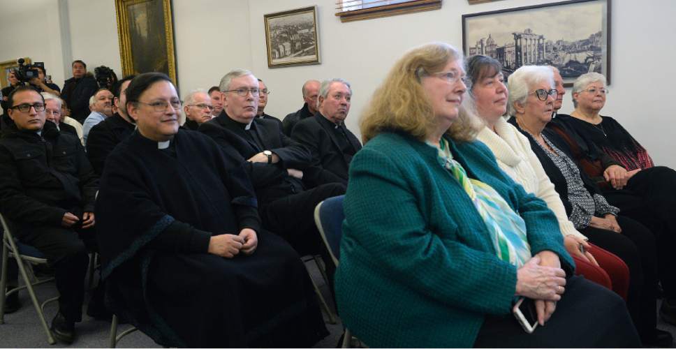 Al Hartmann  |  The Salt Lake Tribune 
Area Catholic Priests and members of the Salt Lake City Catholic Diocese listen to Bishop elect Oscar Azarcon Solis speak Tuesday Jan. 10.