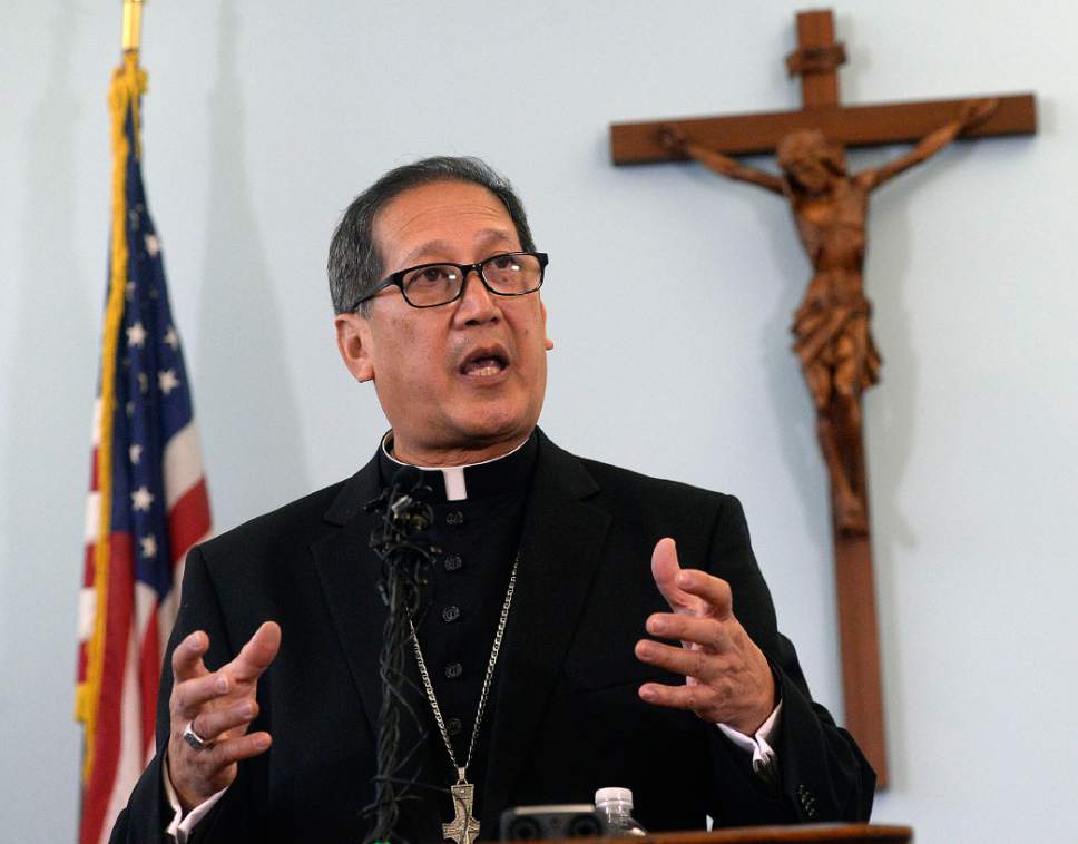 Al Hartmann  |  The Salt Lake Tribune 
Bishop elect Oscar Azarcon Solis speaks after being introduced as the 10th Bishop of the Catholic Diocese of Salt Lake City Tuesday Jan. 10.