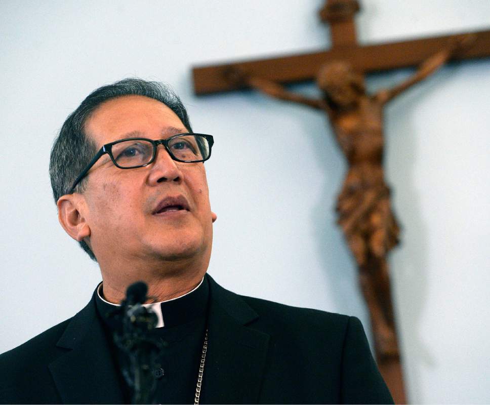 Al Hartmann  |  The Salt Lake Tribune 
Bishop elect Oscar Azarcon Solis speaks after being introduced as the 10th Bishop of the Catholic Diocese of Salt Lake City Tuesday Jan. 10.