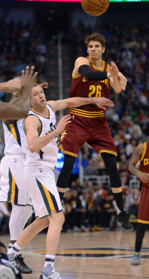 Steve Griffin / The Salt Lake Tribune

Cleveland Cavaliers guard Kyle Korver (26) fires a pass to the baseline during the Utah Jazz versus Cleveland Cavaliers NBA basketball game at Vivint Smart Home Arena in Salt Lake City Tuesday January 10, 2017.