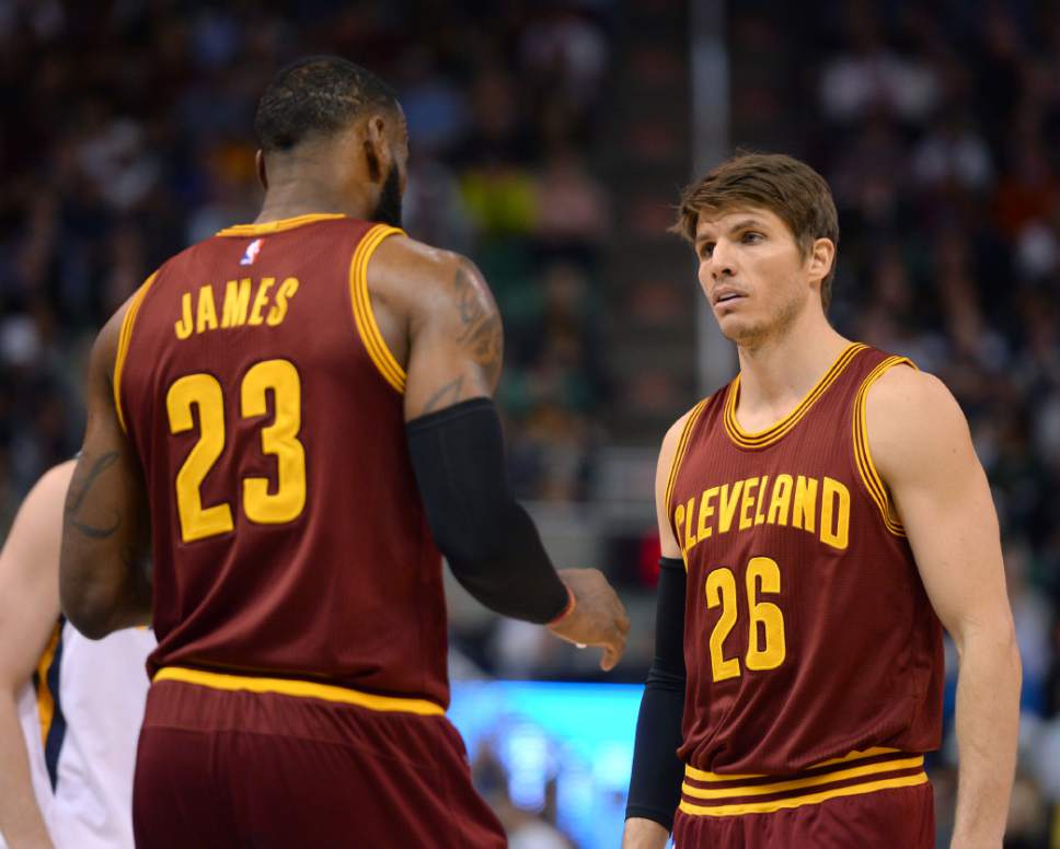 Steve Griffin / The Salt Lake Tribune

Cleveland Cavaliers forward LeBron James (23) talks with Cleveland Cavaliers guard Kyle Korver (26) during the Utah Jazz versus Cleveland Cavaliers NBA basketball game at Vivint Smart Home Arena in Salt Lake City Tuesday January 10, 2017.