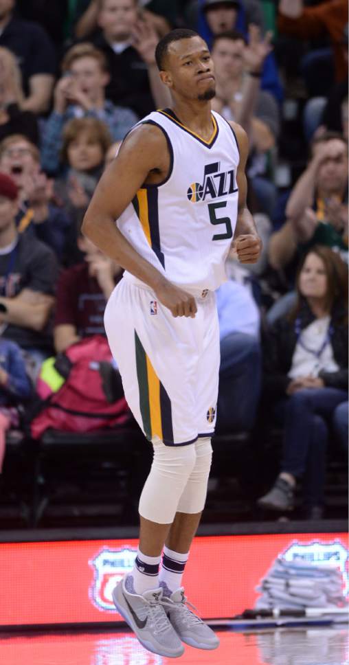 Steve Griffin / The Salt Lake Tribune

Utah Jazz guard Rodney Hood (5) skips back down the court after nailing a three-pointer late in the game during the Utah Jazz versus Cleveland Cavaliers NBA basketball game at Vivint Smart Home Arena in Salt Lake City Tuesday January 10, 2017.