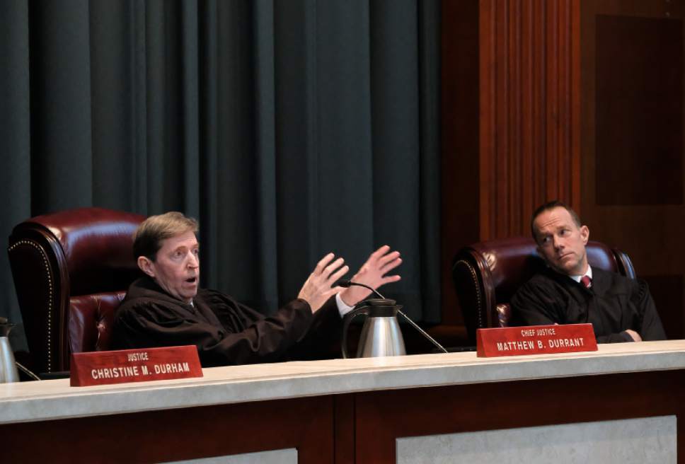 Francisco Kjolseth | The Salt Lake Tribune
Utah Supreme Court Chief Justice Matthew B. Durrant, left, and Associate Chief Justice Thomas R. Lee hear oral arguments in the stream access case on Monday, Jan. 9, 2017.