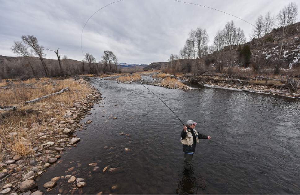 Francisco Kjolseth | The Salt Lake Tribune
Brady Willison on Tuesday fishes a stretch of the Upper Provo that cuts through the 7,000-acre Victory Ranch, a luxury destination near Francis. Until a Nov. 4 court ruling invalidating Utah's restrictive stream access law, such streams were not available to anglers without property owners' permission. Stream access advocates successfully sued Victory Ranch, claiming that the landowners' practice of keeping non-guests off the river violates an easement the public has to stream beds. But without further guidance from the court, the scope of that easement is not clear, lawyers say. Victory Ranch insists the ruling should be stayed pending its appeal, which it expects to win.