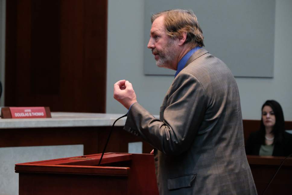 Francisco Kjolseth | The Salt Lake Tribune
Cullen Battle with the Utah Stream Access Coalition, speaks before the Utah Supreme Court on Monday, Jan. 9, 2017, during oral arguments in the stream access case, involving whether anglers and those who recreate in the outdoors can access rivers and streams that run through private property.
