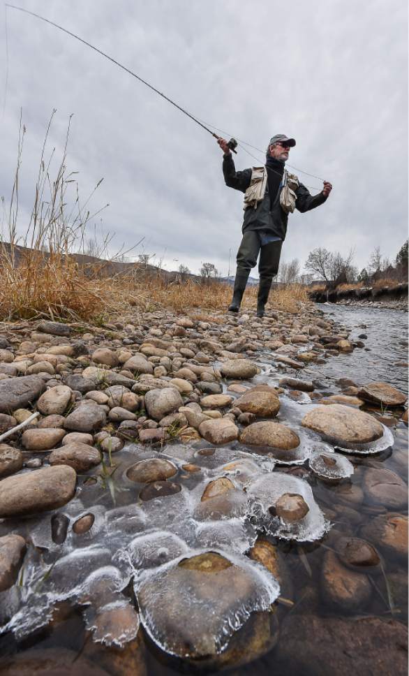 Francisco Kjolseth | The Salt Lake Tribune
Brady Willison on Tuesday fishes fishes on an abraded channel on a stretch of the Upper Provo that cuts through the 7,000-acre Victory Ranch, a luxury destination near Francis. Until a Nov. 4 court ruling invalidating Utah's restrictive stream access law, such streams were not available to anglers without property owners' permission. Stream access advocates successfully sued Victory Ranch, claiming that the landowners' practice of keeping non-guests off the river violates an easement the public has to stream beds. But without further guidance from the court, the scope of that easement is not clear, lawyers say. Victory Ranch insists the ruling should be stayed pending its appeal, which it expects to win.