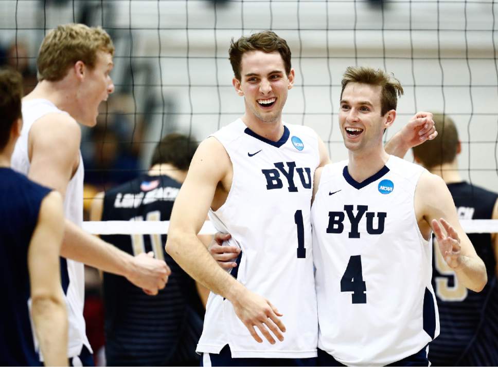 Jarman - Durkin_W2_2885

BYU's Price Jarman and Leo Durkin celebrate a block during the third set. The BYU Men's Volleyball defeated Long Beach State 3-1 in the Semi-Final Match of the NCAA Volleyball Championships, hosted by Penn State in University Park, Pennsylvania.

April 5, 2016

Photo by Jaren Wilkey/BYU

© BYU PHOTO 2016
All Rights Reserved
photo@byu.edu  (801)422-7322