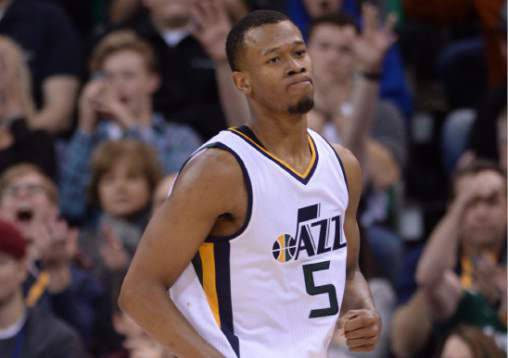 Steve Griffin / The Salt Lake Tribune

Utah Jazz guard Rodney Hood (5) skips back down the court after nailing a three-pointer late in the game during the Utah Jazz versus Cleveland Cavaliers NBA basketball game at Vivint Smart Home Arena in Salt Lake City Tuesday January 10, 2017.