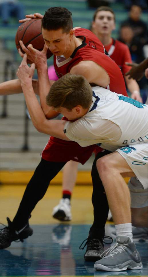 Steve Griffin / The Salt Lake Tribune

 Bear River's Jake Dahle rips the ball away from Juan Diego's JD Ahlstrom during the Bear River versus  at Juan Diego Catholic High School in Draper Wednesday January 11, 2017.