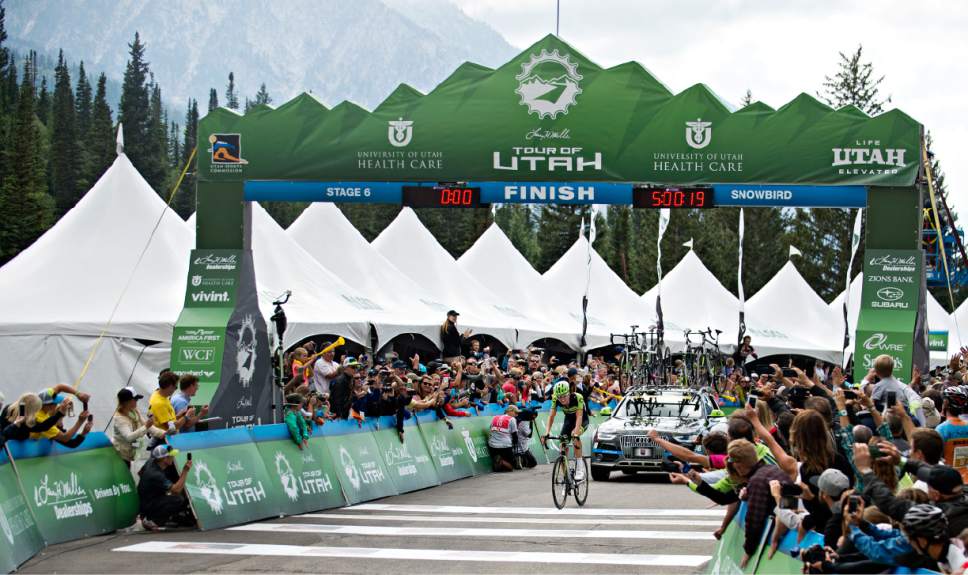 Lennie Mahler  |  The Salt Lake Tribune

Joe Dombrowski crosses the finish line in Stage 6 of the Tour of Utah at Snowbird Resort, Saturday, Aug. 8, 2015.