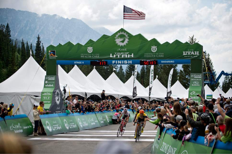 Lennie Mahler  |  The Salt Lake Tribune

Cyclists cross the finish line in Stage 6 of the Tour of Utah at Snowbird Resort, Saturday, Aug. 8, 2015.