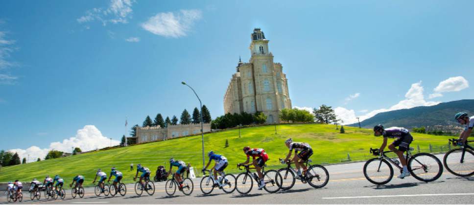 Steve Griffin / The Salt Lake Tribune

Tour of Utah riders zip past the Manti Temple on their way to the finishing line in Payson, Utah in Wednesday August 3, 2016. Stage 3 of the Tour of Utah was a 119 mile race that started in Richfield and ended in Payson and included 6,337 feet of elevation gain as riders climbed over Mt. Nebo on their way to Payson.