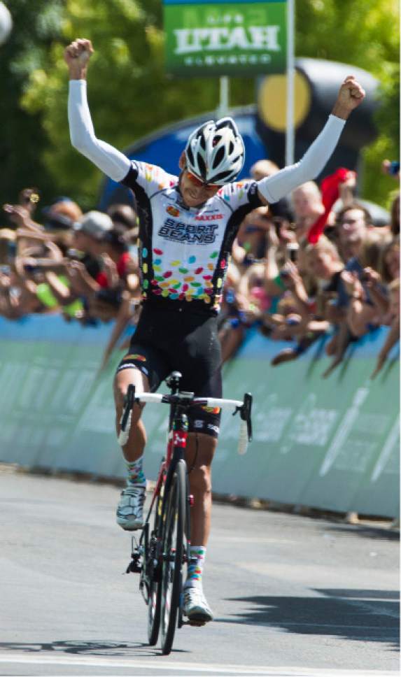 Steve Griffin / The Salt Lake Tribune

Lachlan Morton raises his arms in the air as he crosses the finish line winning stage 3 of the Tour of Utah in Payson, Utah Wednesday August 3, 2016.
