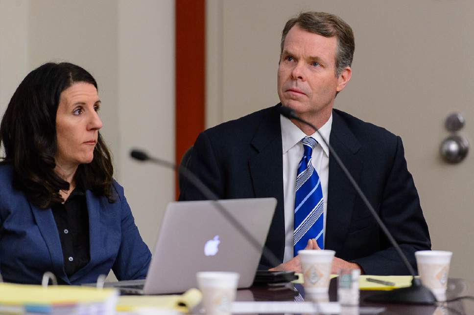 Trent Nelson  |  The Salt Lake Tribune
Former Utah Attorney General John Swallow, charged with bribery and public corruption, at a motion hearing in Salt Lake City, Friday December 9, 2016. At left is defense attorney Cara Tangaro.