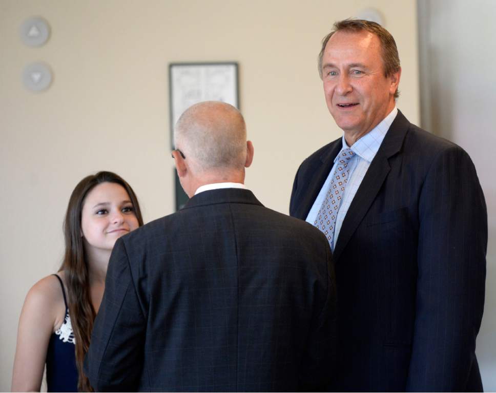 Al Hartmann |  The Salt Lake Tribune
Former Utah Attorney general Mark Shurtleff enters Judge Randall Skanchy's courtroom with daughter Annie and lawyer Richard Van Wagonner in Salt Lake City Monday June 15 for a preliminary hearing.