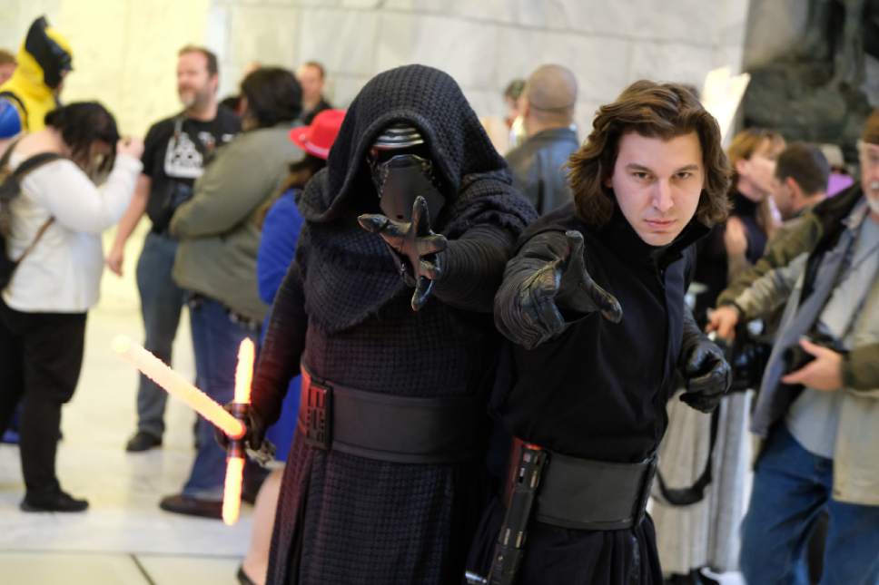 Francisco Kjolseth | The Salt Lake Tribune
Matt Janovsky, left, and Hunter Nelson of the 501st Legion strike a pose at the Utah Capitol as Salt Lake Comic Con announces celebrity guests for FanX 2017, set for March 17-18 at the Salt Palace.