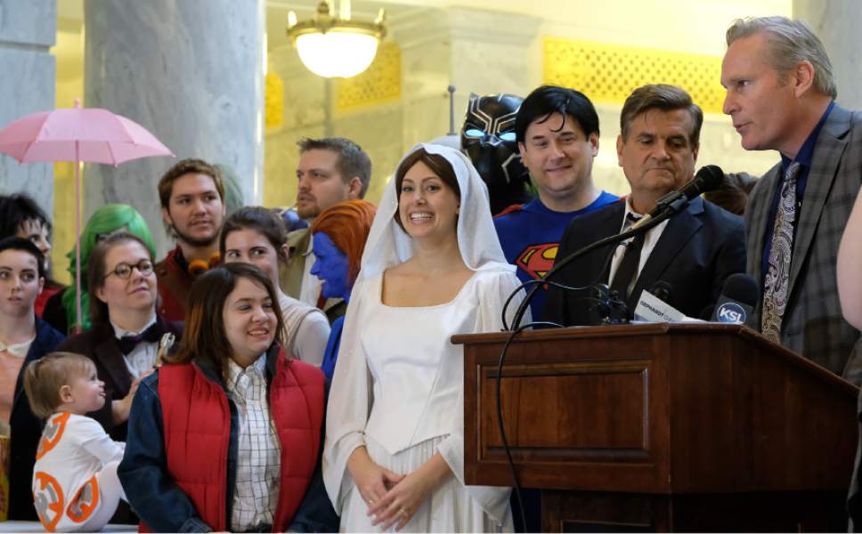 Francisco Kjolseth | The Salt Lake Tribune
Cosplay fans fill the Utah Capitol rotunda for Salt Lake Comic Con's announcement of celebrity guests for FanX 2017, by founders Bryan Brandenburg and Dan Farr, at right, set for March 17-18 at the Salt Palace.