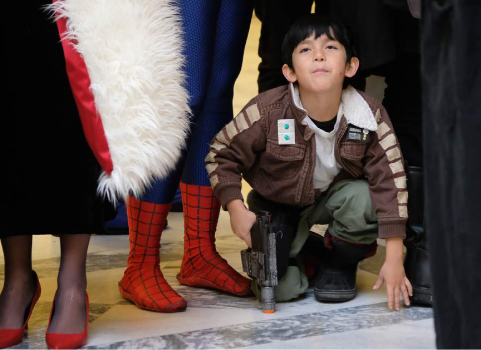 Francisco Kjolseth | The Salt Lake Tribune
Joah Estrada, 5, as Cassian Andor wiggles into the cosplay fun at the Utah Capitol on Wed. Jan. 11, 2016, as Salt Lake Comic Con announces celebrity guests for FanX 2017, set for March 17-18 at the Salt Palace.