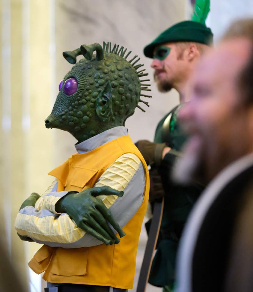 Francisco Kjolseth | The Salt Lake Tribune
Ryan Hahn dresses as Greedo for the first Star Wars as he attends Salt Lake Comic Con's announcements of celebrity guests for FanX 2017, set for March 17-18 at the Salt Palace.