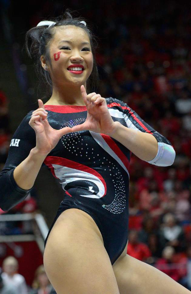 Leah Hogsten  |  The Salt Lake Tribune
Kari Lee had a score of 9.900 on the floor.  University of Utah women's gymnastics team defeated Arizona State, Friday, February 6, 2015.