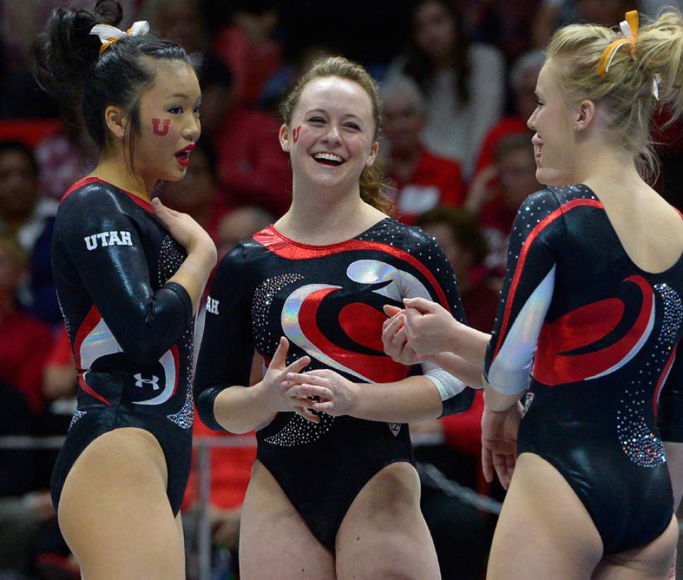 Leah Hogsten  |  The Salt Lake Tribune
Kari Lee laughs with her teammates prior to her performance on the floor.  University of Utah women's gymnastics team defeated Arizona State, Friday, February 6, 2015.
