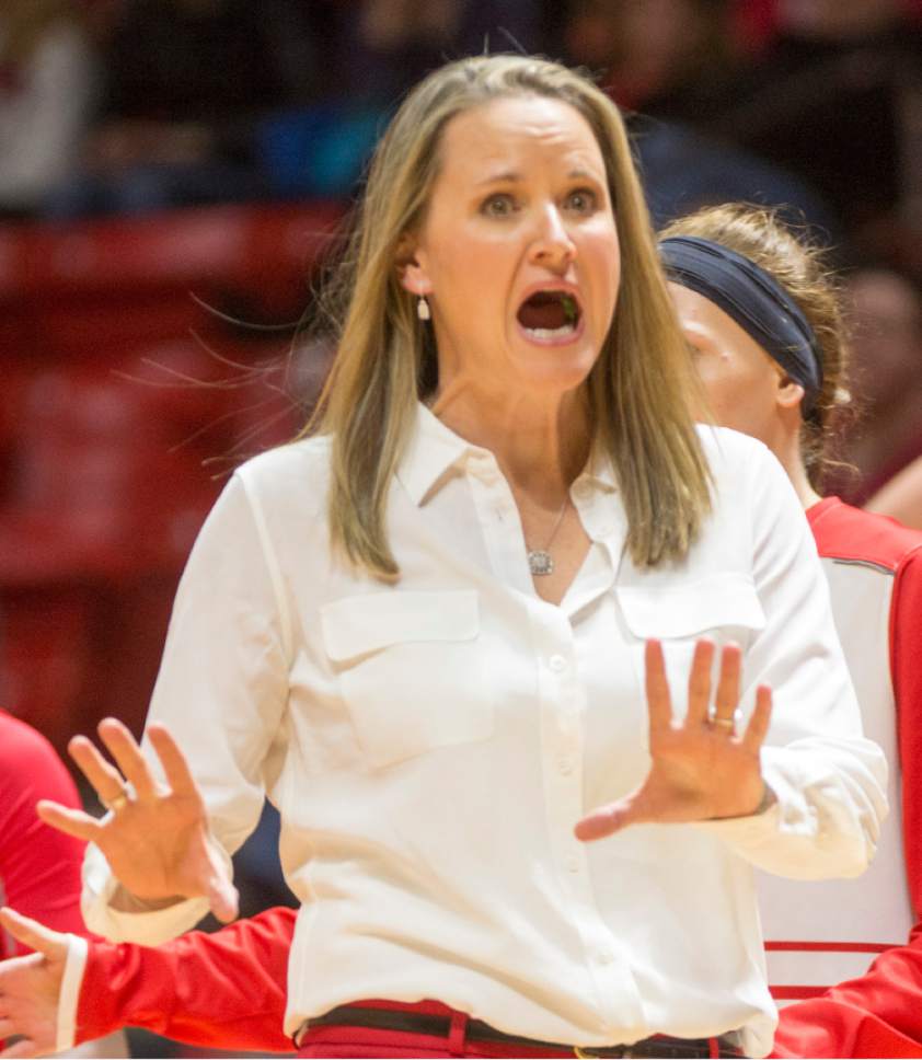 Rick Egan  |  The Salt Lake Tribune

Utah head coach Lynne Roberts reacts to about a call by the officials, in Basketball action, Brigham Young Cougars vs. the Utah Utes, Saturday, December 10, 2016.