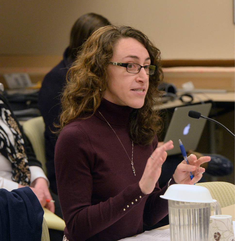 Al Hartmann  |  The Salt Lake Tribune 
Salt Lake Tribune reporter Alex Stuckey argues a GRAMA request before the State Records Committee Thursday, Jan. 12, 2017 for release of documents related to sexual assaults at Utah State University.