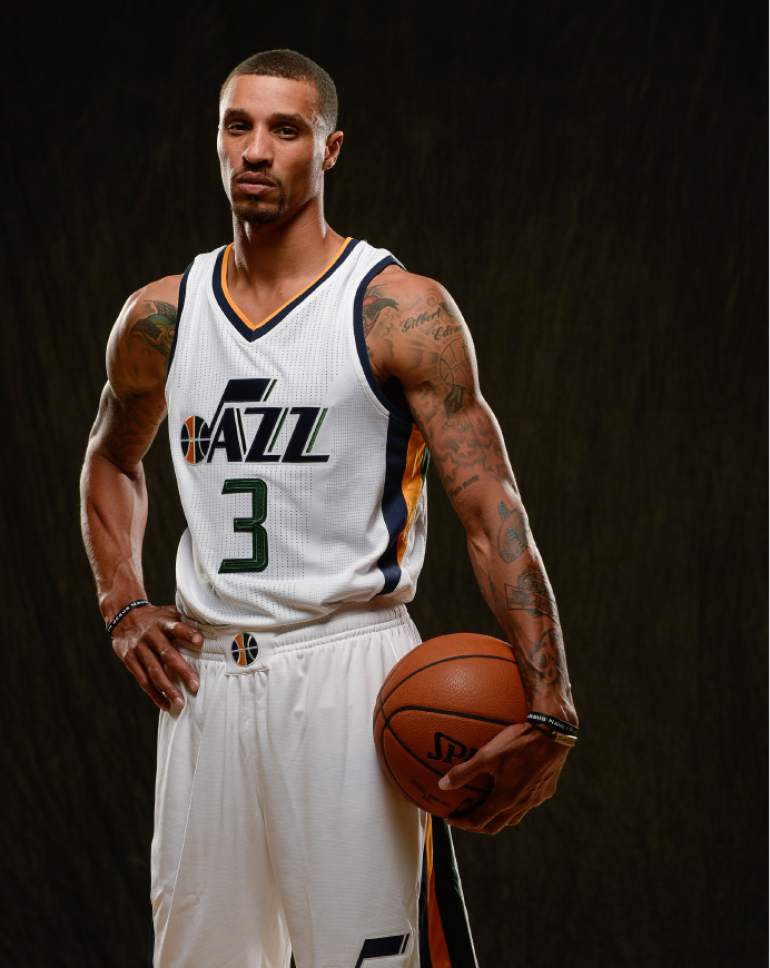 Francisco Kjolseth | The Salt Lake Tribune
George Hill joins teammates as the Utah Jazz opens training camp with media day for players at the team's training facility in Salt Lake on Monday, Sept. 26, 2016.