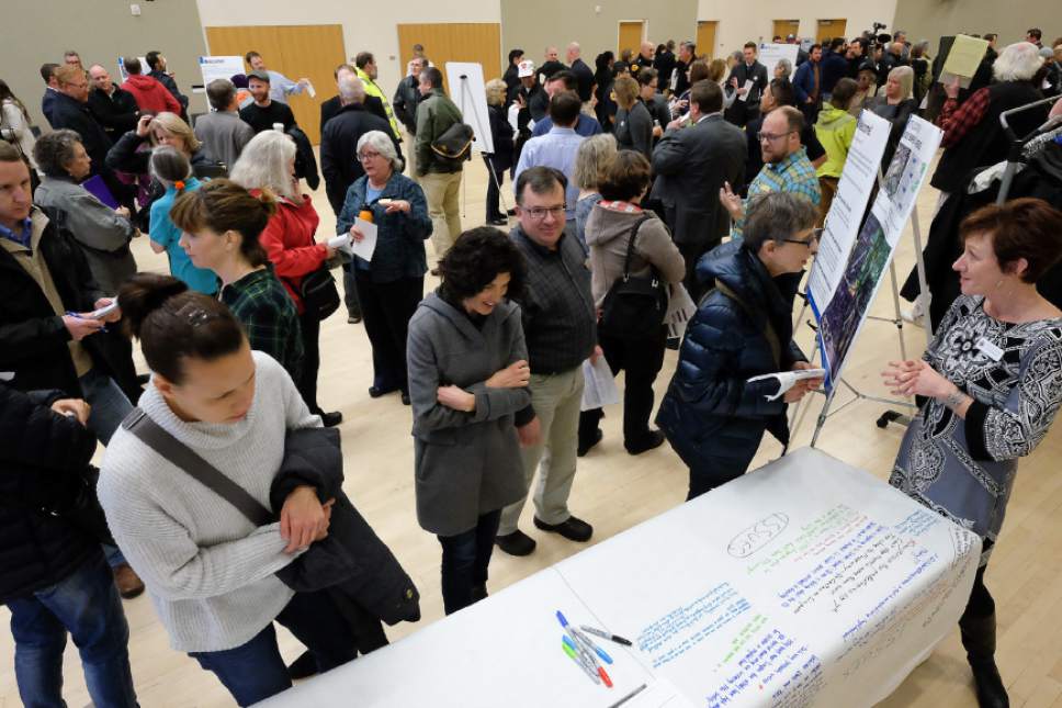 Francisco Kjolseth | The Salt Lake Tribune
Salt Lake City hosted interested members of the public during a workshop to discuss the design and community impact of four proposed 150-bed homeless shelters, at the Multipurpose room of Salt Lake Community College South Campus on Wednesday, Jan. 11, 2017.