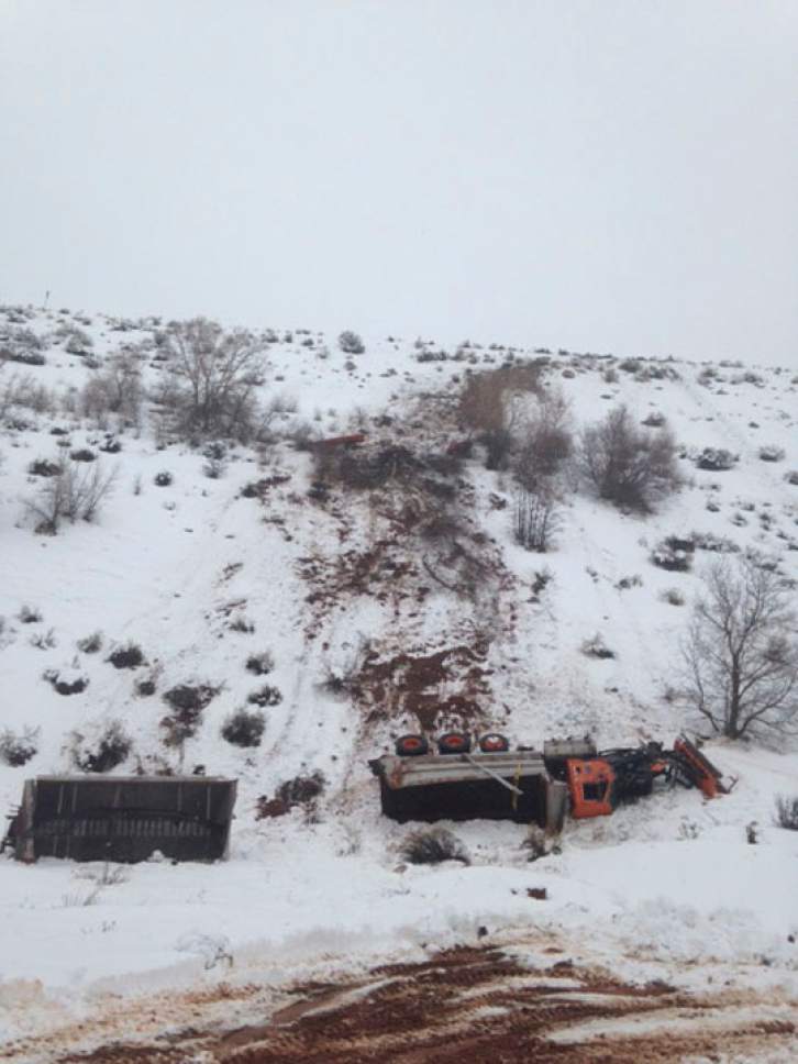 Courtesy  |  UDOT

On Jan. 12, 2017, a semi truck trying to pass a snowplow collided with it and sent it over a 300-foot embankment in Spanish Fork Canyon.