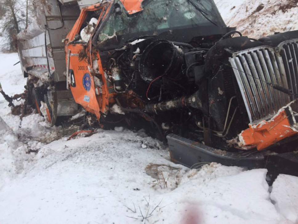 Courtesy  |  UDOT

On Jan. 12, 2017, a semi truck trying to pass a snowplow collided with it and sent it over a 300-foot embankment in Spanish Fork Canyon.