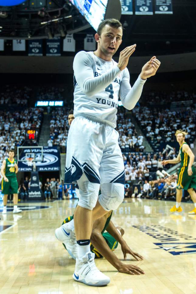 Chris Detrick  |  The Salt Lake Tribune
Brigham Young Cougars guard Nick Emery (4) claps during the game at the Marriott Center Thursday January 12, 2017.