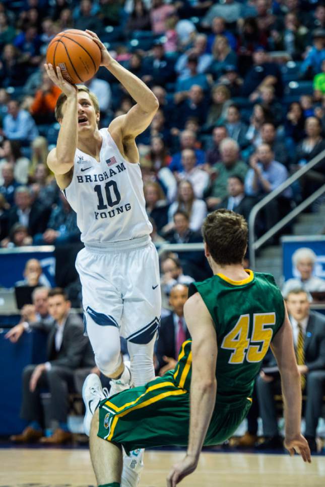 Chris Detrick  |  The Salt Lake Tribune
Brigham Young Cougars guard Steven Beo (10) charges San Francisco Dons guard Mladen Djordjevic (45) during the game at the Marriott Center Thursday January 12, 2017.