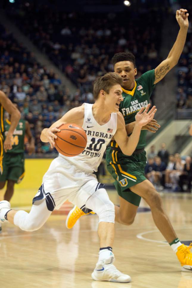Chris Detrick  |  The Salt Lake Tribune
Brigham Young Cougars guard Steven Beo (10) runs past San Francisco Dons guard Marquill Smith (0) during the game at the Marriott Center Thursday January 12, 2017.
