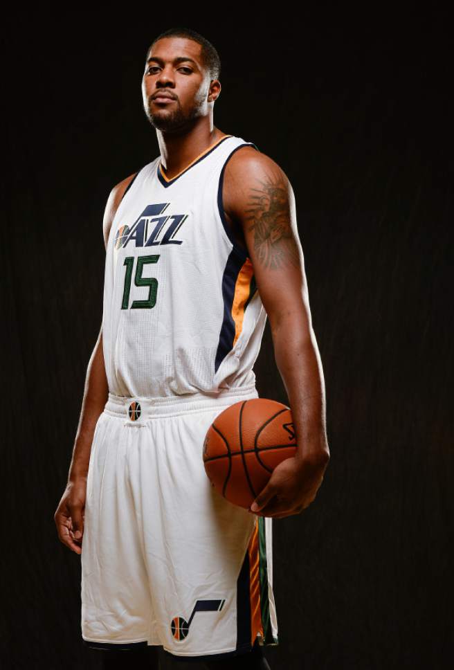 Francisco Kjolseth | The Salt Lake Tribune
Derrick Favors joins teammates as the Utah Jazz opens training camp with media day for players at the team's training facility in Salt Lake on Monday, Sept. 26, 2016.
