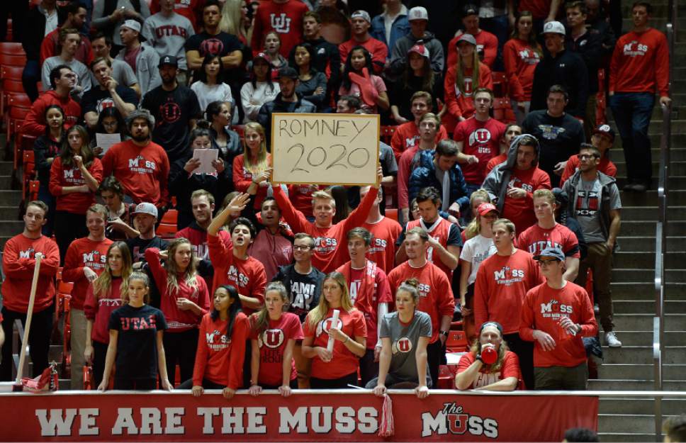 Francisco Kjolseth | The Salt Lake Tribune
The Utah Muss expresses their support for Mitt Romney in 2020 as he watches the basketball game against USC during the second half of the NCAA college basketball game at the Huntsman Center in Salt Lake City, Thursday, Jan. 12, 2017.