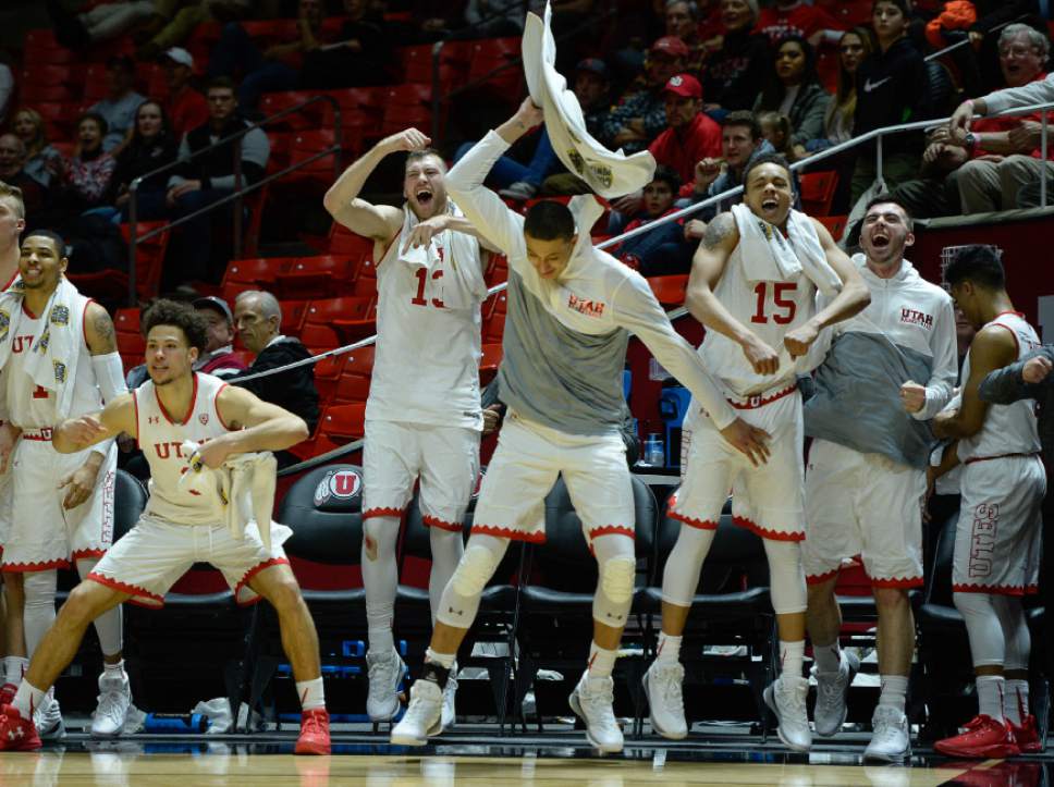 Francisco Kjolseth | The Salt Lake Tribune
The Utes cheer on their team during the final moments on their way to beating USC 86 to 64 during the second half of the NCAA college basketball game at the Huntsman Center in Salt Lake City, Thursday, Jan. 12, 2017.