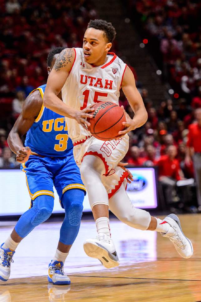 Trent Nelson  |  The Salt Lake Tribune
Utah Utes guard Lorenzo Bonam (15) with the ball as the University of Utah hosts UCLA, NCAA mens basketball at the Huntsman Center in Salt Lake City, Saturday January 14, 2017.