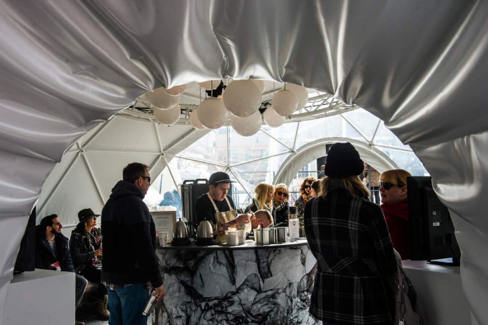 Chris Detrick  |  The Salt Lake Tribune
Festivalgoers get coffee and tea at the Festival Base Camp during the Sundance Film Festival in Park City on Saturday.
