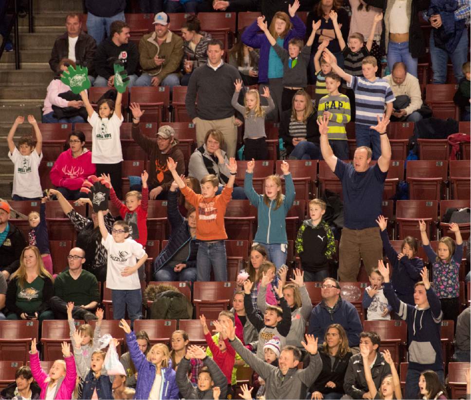 Rick Egan  |  The Salt Lake Tribune

Utah Grizzlies fans cheer in hopes of getting a t-shirt, during a break in ECHL hockey action, Utah Grizzlies vs. Idaho Steelheads, during the annual Martin Luther King Holiday matinee game, at the Maverick Center, Monday, January 16, 2017.