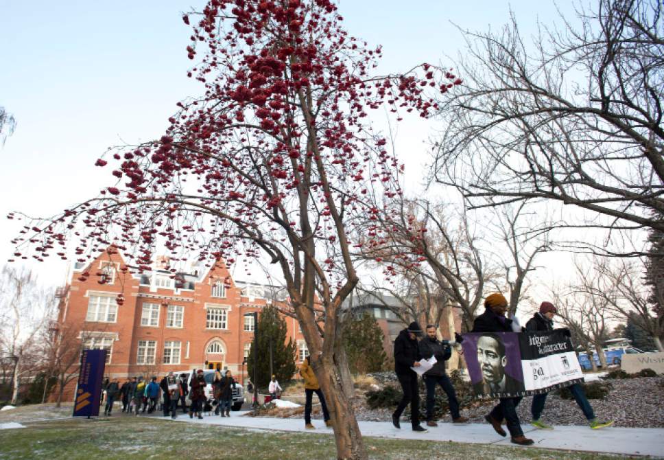 Steve Griffin | The Salt Lake Tribune

Marchers leave Westminster College during a celebration of Martin Luther King Jr. Day in Salt Lake City Monday, Jan. 16, 2017. The morning event included a rally and march through Sugar House as part of the school's week-long celebration.