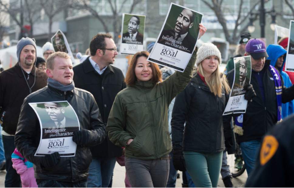 Steve Griffin | The Salt Lake Tribune

Marchers leave Westminster College during a celebration of Martin Luther King Jr. Day in Salt Lake City Monday, Jan. 16, 2017. The morning event included a rally and march through Sugar House as part of the school's week-long celebration.