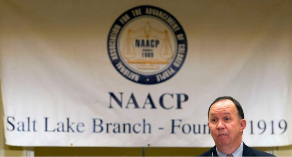 Steve Griffin / The Salt Lake Tribune

Keynote speaker Judge Chad C. Schmucker, president of The National Judicial College, addresses the audience during the annual NAACP Martin Luther King Day luncheon at the Little America Hotel in Salt Lake City Monday, Jan. 16, 2017.