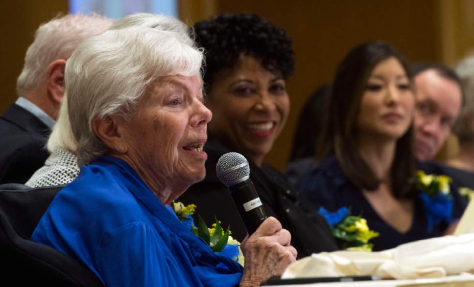 Steve Griffin / The Salt Lake Tribune

Barbara Toomer speaks after she was announced as this year's Rosa Parks Award recipient. The annual NAACP Martin Luther King Day luncheon was held at the Little America Hotel in Salt Lake City Monday, Jan. 16, 2017.
