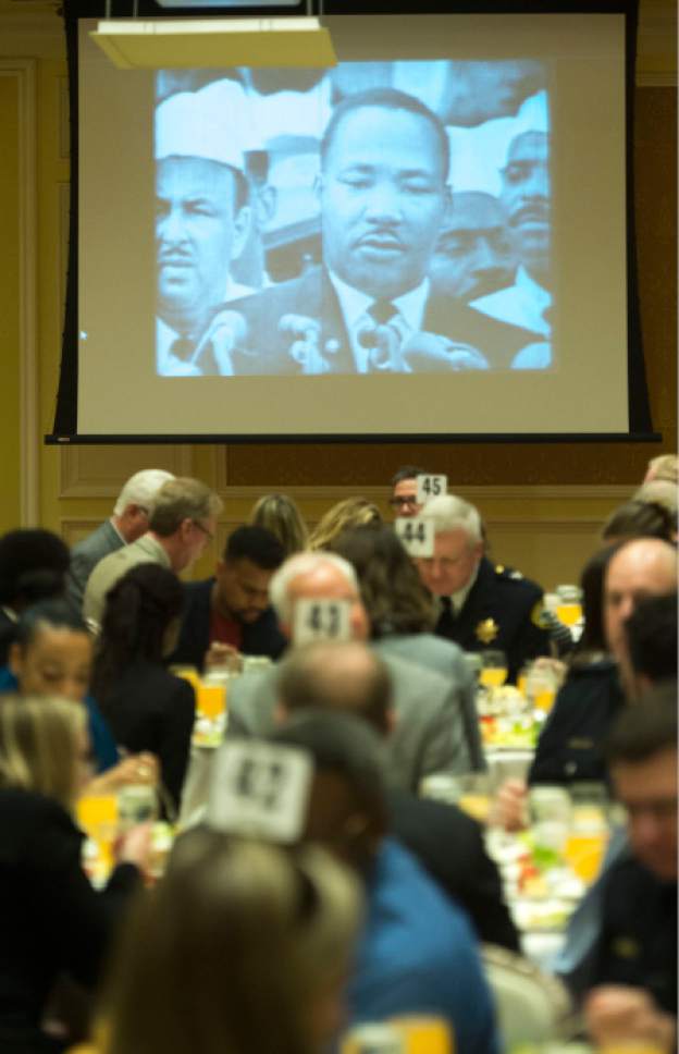 Steve Griffin / The Salt Lake Tribune

Historic motion pictures are projected during the annual NAACP Martin Luther King Day luncheon at the Little America Hotel in Salt Lake City Monday January 16, 2017.