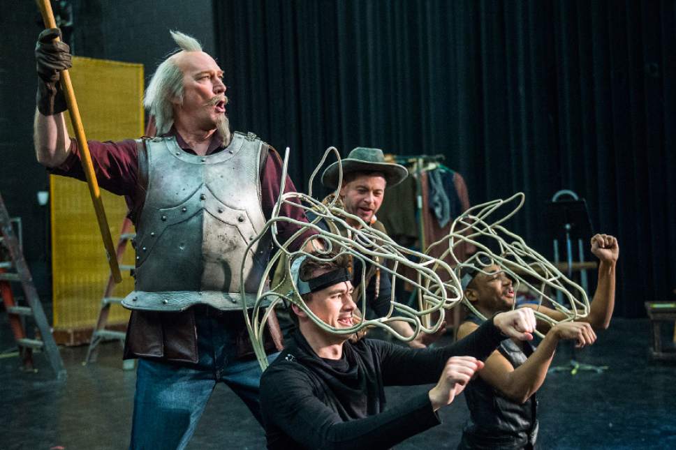 Chris Detrick  |  The Salt Lake Tribune
David Pittsinger 'Cervantes/Quixote' Keith Jameson 'Sancho Panza' Christian Sanders 'The Padre' and Markel Reed and 'Pedro, head Muleteer' act out a scene during a rehearsal of "Man of La Mancha" at Utah Opera production studio Wednesday January 11, 2017.