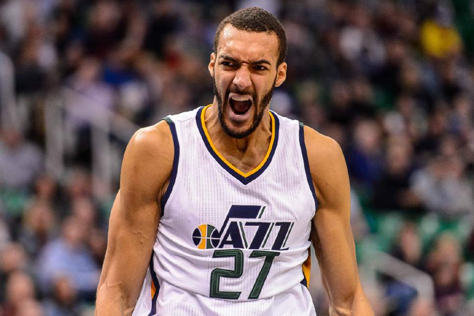 Trent Nelson  |  The Salt Lake Tribune
Utah Jazz center Rudy Gobert (27) reacts to a foul call in the fourth quarter as the Utah Jazz host the Sacramento Kings at Vivint Smart Home Arena in Salt Lake City, Wednesday December 21, 2016.