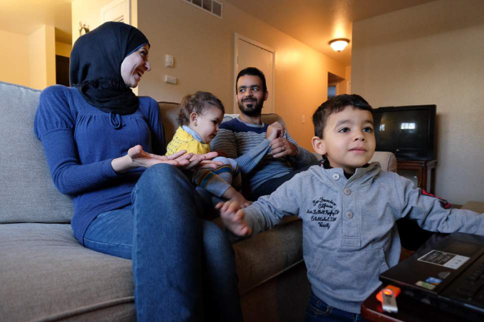 Francisco Kjolseth | The Salt Lake Tribune
In search of safety, Rasha Ismaeel Al Kilani and her husband Ali Mohammad Al Soufani fled the war in Syria in 2013. After four years in Jordan they were finally cleared by immigration. Now with the help of Catholic Community Services, the two along with their children Sima Ali Mohammad, 22-months, and Mohammad Ali, 4, have spent their first two weeks in Utah as they talk about their hopes for a new future.