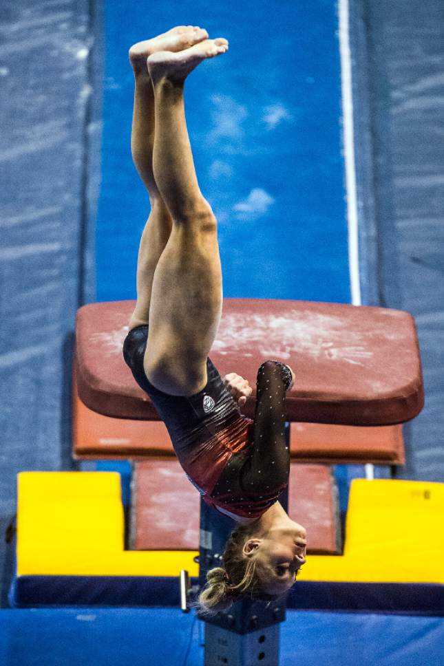 Chris Detrick  |  The Salt Lake Tribune
Utah's Mykayla Skinner competes on the vault during the gymnastics meet against Brigham Young University at the Marriott Center Friday January 13, 2017.