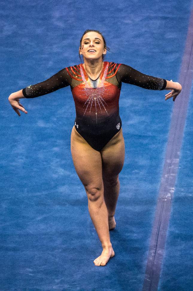 Chris Detrick  |  The Salt Lake Tribune
Utah's Macey Roberts competes on the floor during the gymnastics meet against Brigham Young University at the Marriott Center Friday January 13, 2017.